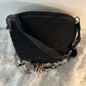 Cozy Black Sherpa Crossbody Bag with Charm Accent